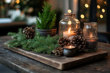 A sustainable Christmas setup with eco-friendly decorations made from recycled materials and natural elements, emphasizing a green and responsible holiday.