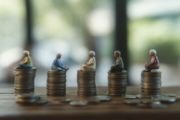 Tiny figurines of elderly people sitting on stacks of coins, symbolizing retirement funds and investments. 