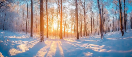 Obraz premium Panoramic view of a sunlit winter forest with snow-covered trees and clear blue sky