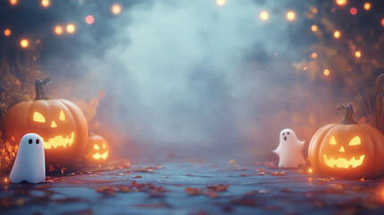 Obraz premium A spooky Halloween scene featuring illuminated pumpkins, ghost decorations, and a foggy atmosphere, perfect for autumn themes.