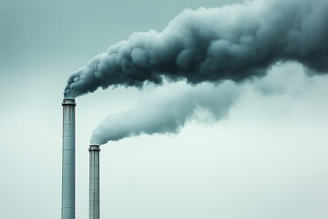 Industrial chimneys emitting thick, dark smoke into the air, symbolizing pollution and environmental concerns.