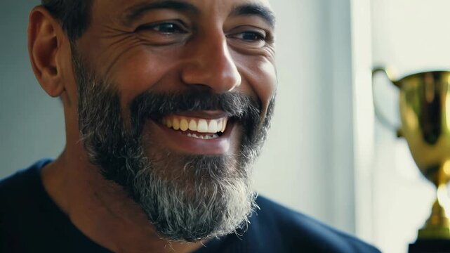 Close-up static video of a middle-aged man with a beard, expressing pride with soft, diffused lighting.