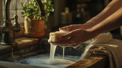 Close-up handwashing in farmhouse kitchen with soap, AI generative..