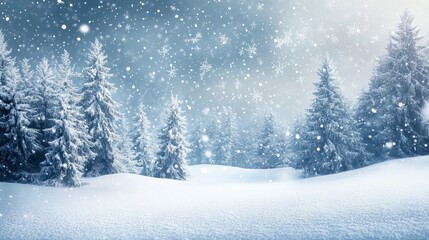 Serene winter landscape with snow-covered trees and open space under a clear blue sky