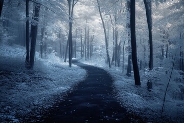 Obraz premium A peaceful infrared photograph of a forest trail, where the leaves of the trees have a bright white glow, and the path is a dark, moody shade, leading into an almost mystical world