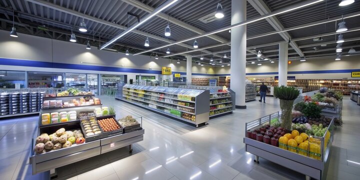 Modern interior of a LIDL supermarket , retail, groceries, aisles, shelves, shopping, store, interior design