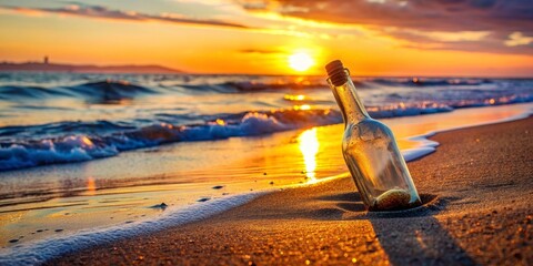 Romantic sunset at the beach with a bottle containing a message , love, romantic, sunset, beach, message in a bottle, ocean, sky
