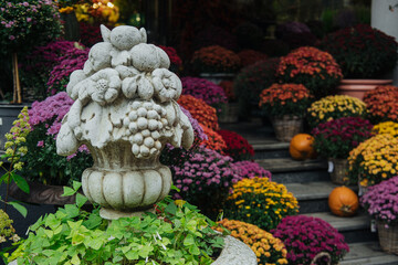 Colorful fall flowers surround a decorative stone fountain at a local nursery in autumn