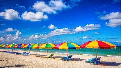 Fototapeta premium Beautiful beach with colorful umbrellas providing shade on a sunny day, beach, beautiful, tropical, vacation, relaxation, sea