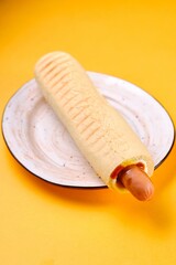 Hot Dog on a Plate on a Yellow Background
