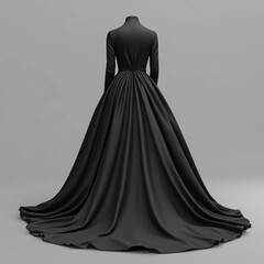 Naklejka premium Black long sleeved dress with back bow detail, hanging on a rustic wooden door - elegant and chic ensemble against a textured background.