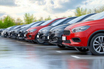 Fototapeta premium A row of cars are parked in a lot, with the red car being the most prominent