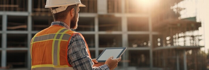 On a building site, a construction engineer using a tablet while donning a hard hat and safety vest.