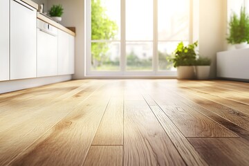 Empty Kitchen Interior with Textured Glossy Wooden Floor