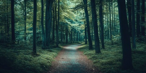 Fototapeta premium An outdoor, antique backdrop of green trees and a road through a dark, sombre forest.