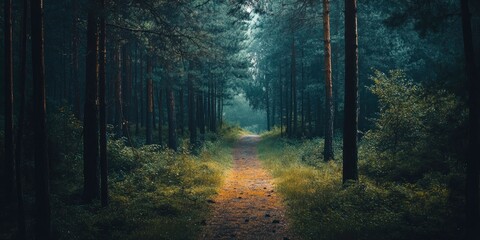 Obraz premium An outdoor, antique backdrop of green trees and a road through a dark, sombre forest.