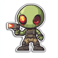 Green Alien Soldier with Red Eyes and a Pistol