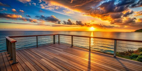 Obraz premium Outdoor wooden balcony deck overlooking beautiful sea view at sunset, seaside, outdoor, wooden, balcony, deck