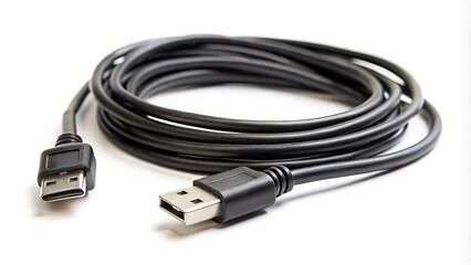 Fototapeta premium Black wire cable of USB and adapter isolated on white background with selective focus Depth of Field