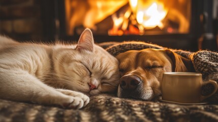 Cozy Cat and Dog Napping by the Fireplace