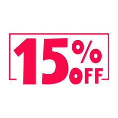 15% off. Badge for retail.  Red color. Marketing design. Illustration on white background.