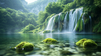 Majestic waterfall with pure, clear water falling, AI generative...