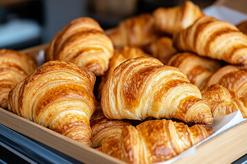 A close-up of freshly baked croissants, golden and flaky, displayed in a bakery setting.