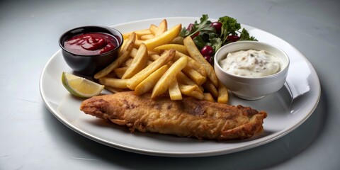 Delicious classic British fish and chips meal with golden crispy battered fish and thick-cut fries, British, fish, chips