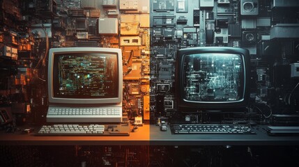 Fototapeta premium Old vs new technology. Upgrading from old to new, design upgrade, technology enhancement, concept design.