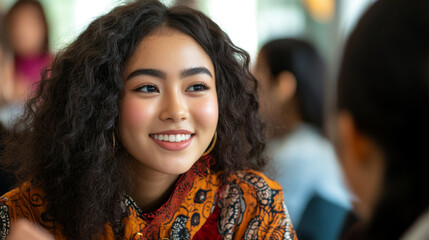 Obraz premium Captivating Portrait of a Young Woman with Beautiful Curly Hair in a Vibrant Setting
