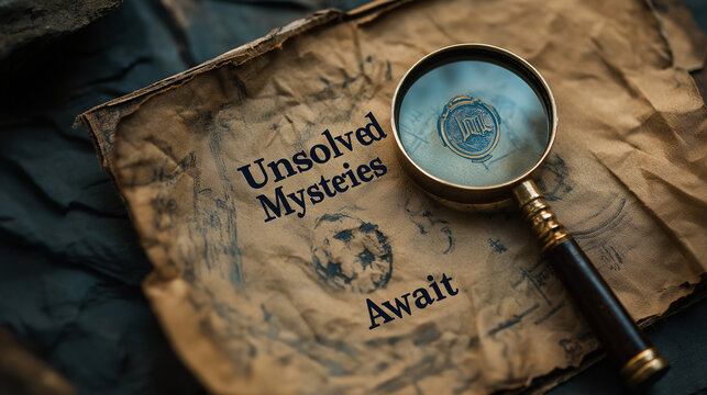 text "Unsolved Mysteries Await", showcasing a detective�s magnifying glass over cryptic symbols, encouraging viewers to explore the unknown, with copy space, Curious Events Day
