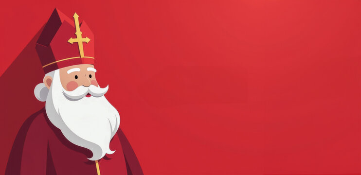 St Nicholas Cartoon Illustration in Traditional Red Bishop Attire with White Beard on Bright Background for Sinterklaas Celebration Concept