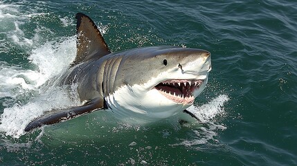 Fototapeta premium Great White Shark Breaching the Water Surface with Open Mouth