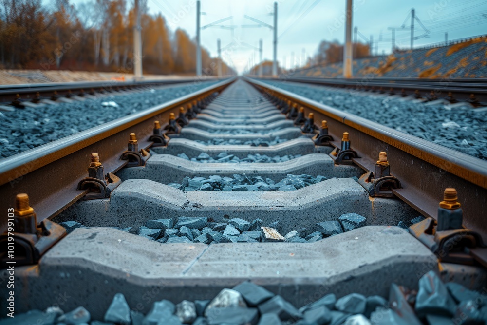 Wall mural a perfectly symmetrical view of railway tracks with electric lines above, leading the eye down a str