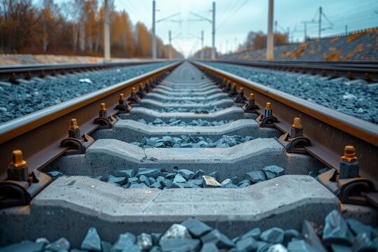 A perfectly symmetrical view of railway tracks with electric lines above, leading the eye down a straight path to the distant vanishing point under a clear sky.