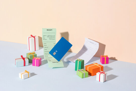 Colorful Gift Boxes with Cash Receipt and Credit Card
