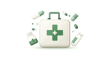 Medical first aid kit with green cross and various healthcare items. Perfect for illustrating emergency or healthcare concepts.
