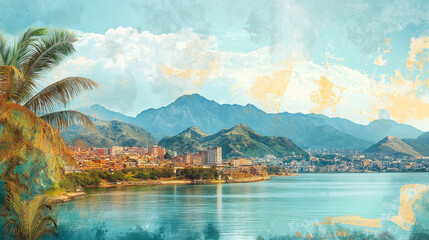 An artistic collage of Guayaquil natural landscapes, featuring the surrounding mountains, rivers, and coastline, with copy space, Independence of Guayaquil