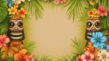 Tiki-inspired Luau invitation template with bright tropical flowers, offering customization options for party invites and celebration posters