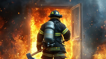 Fototapeta premium A firefighter in full gear, holding an axe, approaches a blazing doorway as flames and smoke engulf the scene.