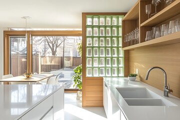 Kitchen Interior Design with White Cabinets and Light Greenery Feature Wall.