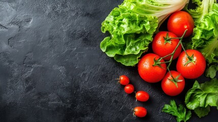 Tomatoes and lettuce resting on a rustic dark surface, symbolizing organic produce and healthy food prep.