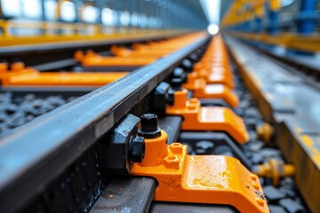 Fototapeta premium Detailed close-up showcases the intricate parts of vibrant railway tracks, emphasizing the precision and craftsmanship involved in modern rail infrastructure.