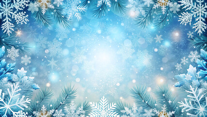 Winter banner with snowflakes and fir branches on blue background, perfect for seasonal promotions, holiday greetings, festive events, websites, and social media posts