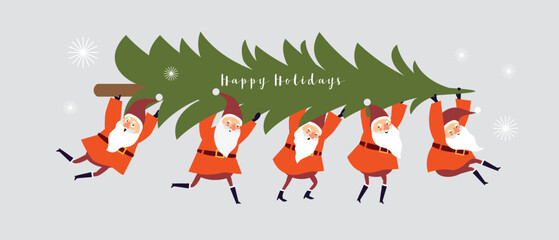 Christmas Card, Seasons greetings , cute Christmas gnomes carrying xmas tree