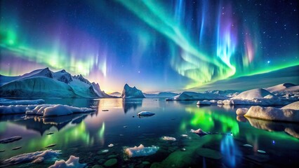 Aurora borealis illuminating icebergs in the Arctic polar lights extreme close-up