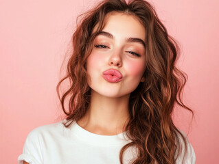 Naklejka premium A young woman blowing a kiss, standing against a soft pastel pink background.