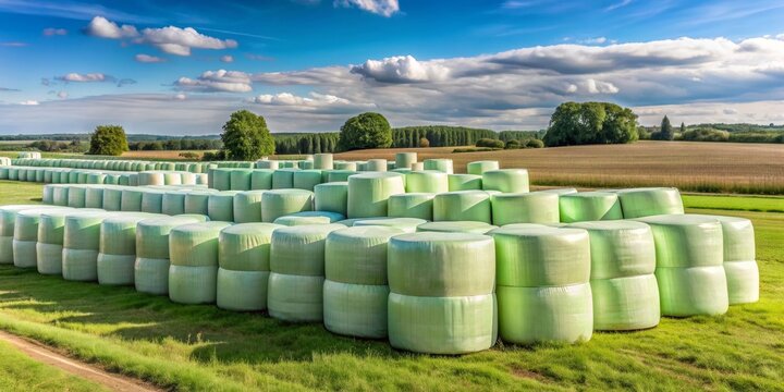Field Silage Wrap Stacks in a farm horizon landscape, agriculture, farming, rural, countryside, field, hay, grass, bale