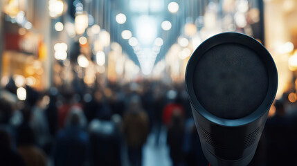 close up Speaker against crowded stores with copy space for black friday promotions background banner.