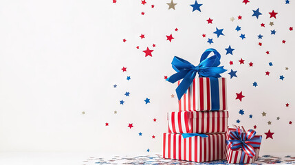Obraz premium Stack of gift red and white striped boxes with blue satin bow, confetti stars on white background with copy space for independence day, veterans, memorial day and other events USA Background.